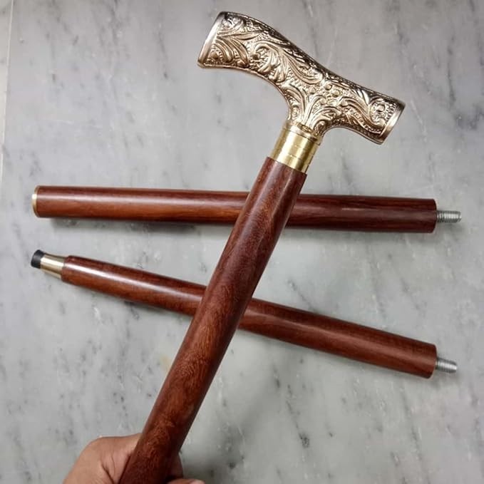 Decorative Walking Cane with Brass Handle Victorian Floral Design Wooden Shaft