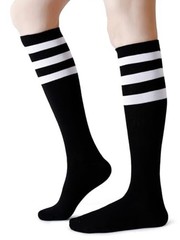 Cotton Knee High Socks Triple Stripes Over the Calf Retro 9-13 A03-black/White