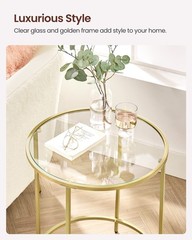 Vasagle Round Side Tables Set Of 2 Glass End Tables Metal Frame Gold Coffee