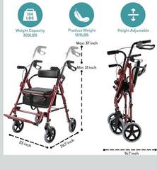 Red 4-Wheel Rollator Walker With Seat & Backrest, Foldable, 300 lb Capacity
