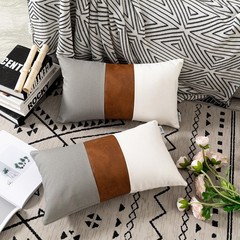 2 Pack 12×20 Inch Lumbar Pillow Covers, Brown Faux Leather & Gray White Cotto…