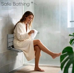 16″ Wall Mounted Shower Seat, White Teak Fold Down Bench for Elderly, Disabled