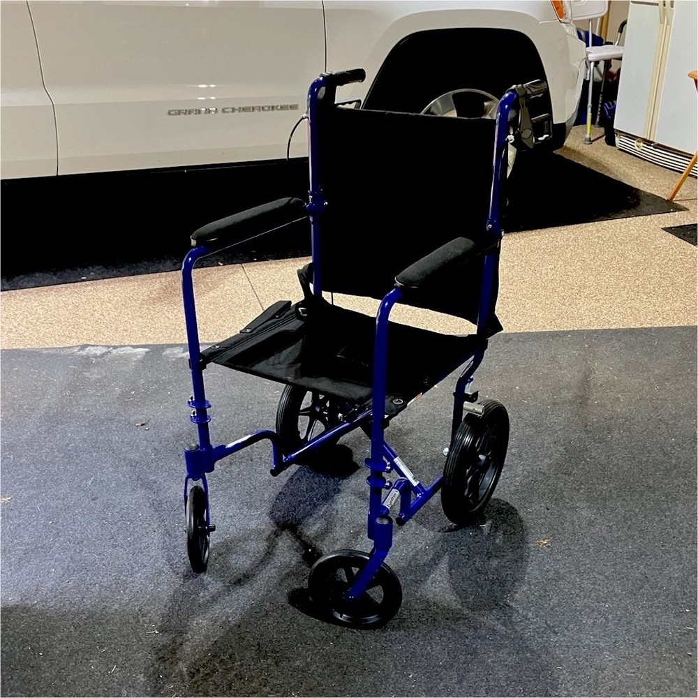 Blue/Black Foldable Transport Wheelchair, 4 Wheels, Footrests, Large Rear