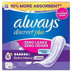 Always Discreet Plus Incontinence Pads for Women, Extra Heavy Long, 90 Count – M