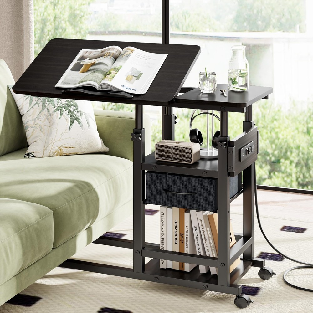 Height Adjustable Overbed Table with Wheel and Charging Station, Tiltable Des…