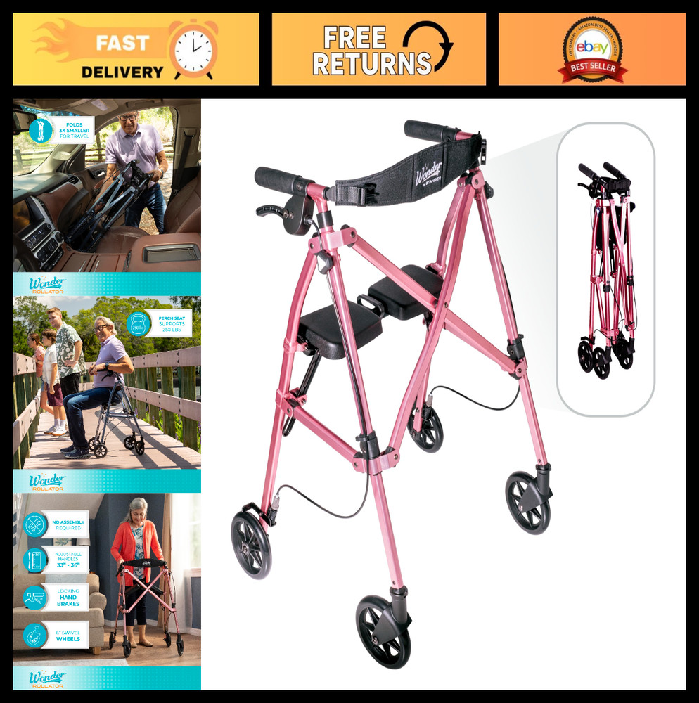 Lightweight Folding Rollator Walker with Seat for Seniors, 4-Wheel Mobility Aid,