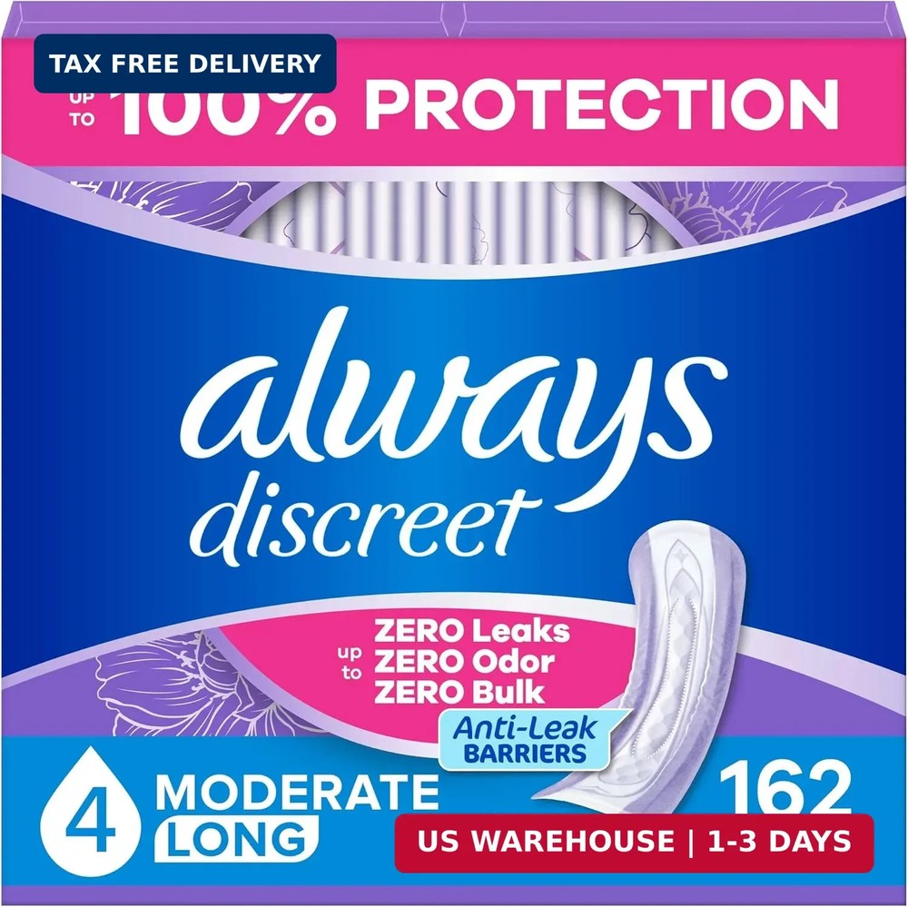 Always Discreet Adult Incontinence Pads for Women, Drier, 4 Drop Long Length, Mo