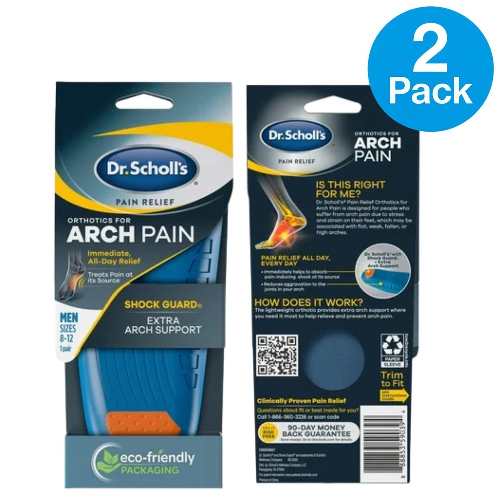 Dr. Scholl’s Arch Pain Orthotics Men 2 Pack Shock Guard New