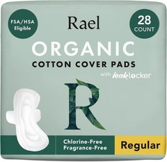 Rael Organic Cotton Cover Pads Regular Absorbency Ultra Thin Wings 28 Count