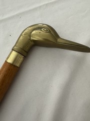 Vintage Brass Duck Head Walking Cane 34”Light Wood Collapsible 2 Piece Stick