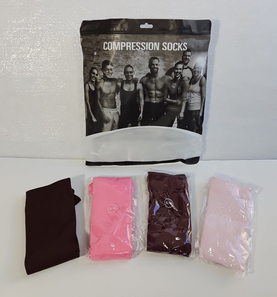 Charmking Compression Socks 4 Pair S/M Unisex Men/Women Pink Brown Knee High