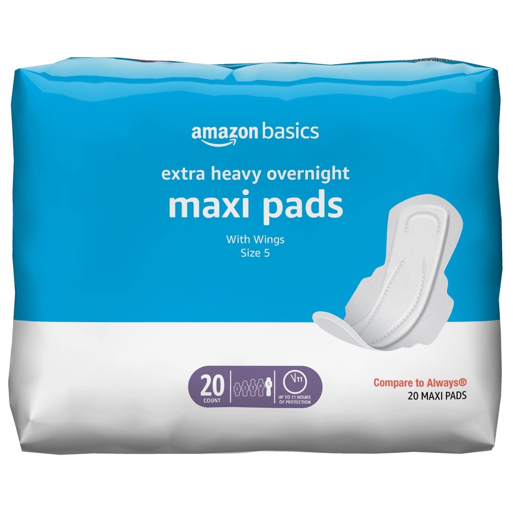 Amazon Basics Thick Maxi Pads with Wings for Periods – Extra Size 5,