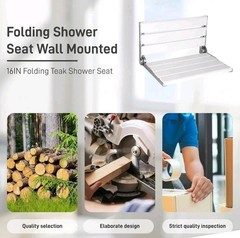 16″ Wall Mounted Shower Seat, White Teak Fold Down Bench for Elderly, Disabled