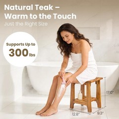 14″ Compact Teak Shower Stool with Shelf & Handle – Waterproof, 300 lbs Capacity