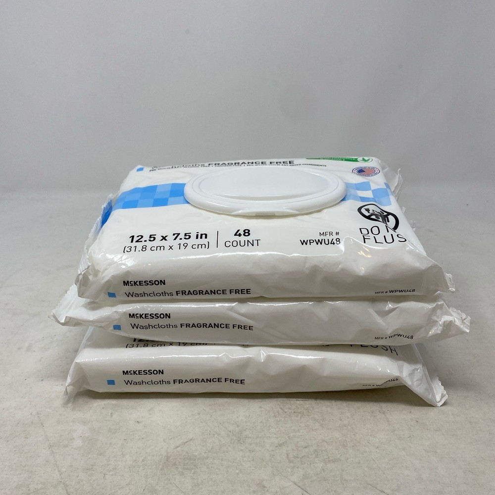 McKesson Unscented White Washcloth Wipes 48ct x3 (144) WPWU48