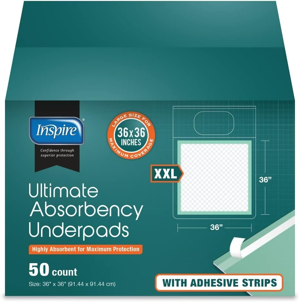 Inspire Ultimate Absorbency Disposable Bed Pads, Adhesive, 36″ X 36″, (50 Count)
