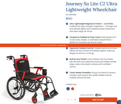Journey SoLite C2 Ultra Lightweight 14lb Wheelchair Foldable Manual Chair Red