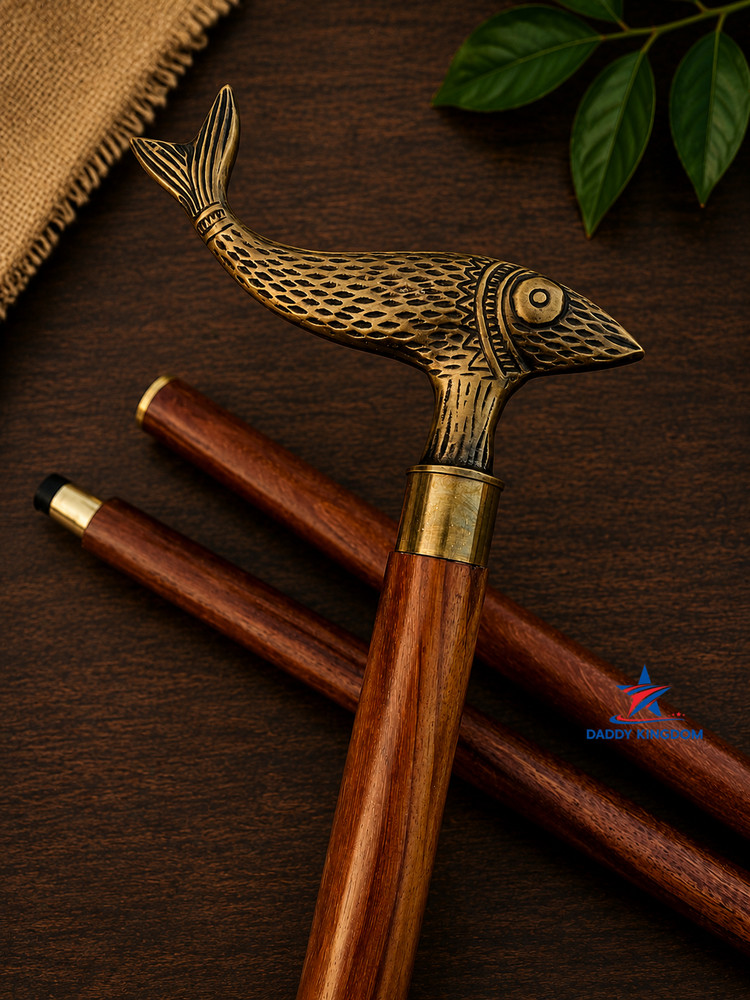 Solid Brass Fish Head Vintage Antique Wooden Walking Stick Cane handmade Gift