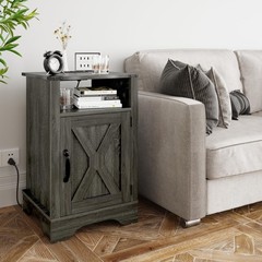 HEYNEMO Farmhouse Nightstand with Charging Station, Dark Grey, 1 Piece