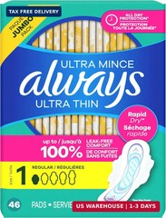 Always Ultra Thin Feminine Pads with Wings for Women, Size 1, Regular Absorbency