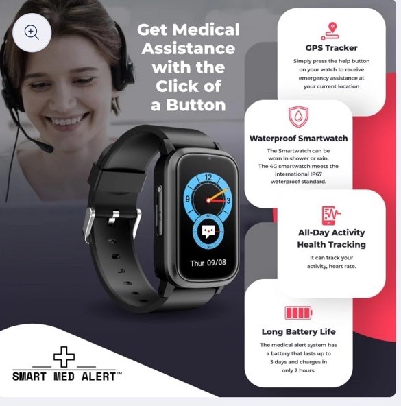 Smart Med Medical Alert Rectangular Smart Watch For Seniors | Fall Detection