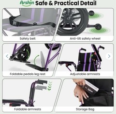 Arshin Foldable Power Wheelchair, 180W 5-Speed Removable Battery 286lb Purple