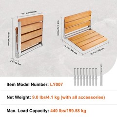 VEVOR 16″ Folding Oak Shower Seat Wall Mounted Shower Bench 440lbs Rust-proof
