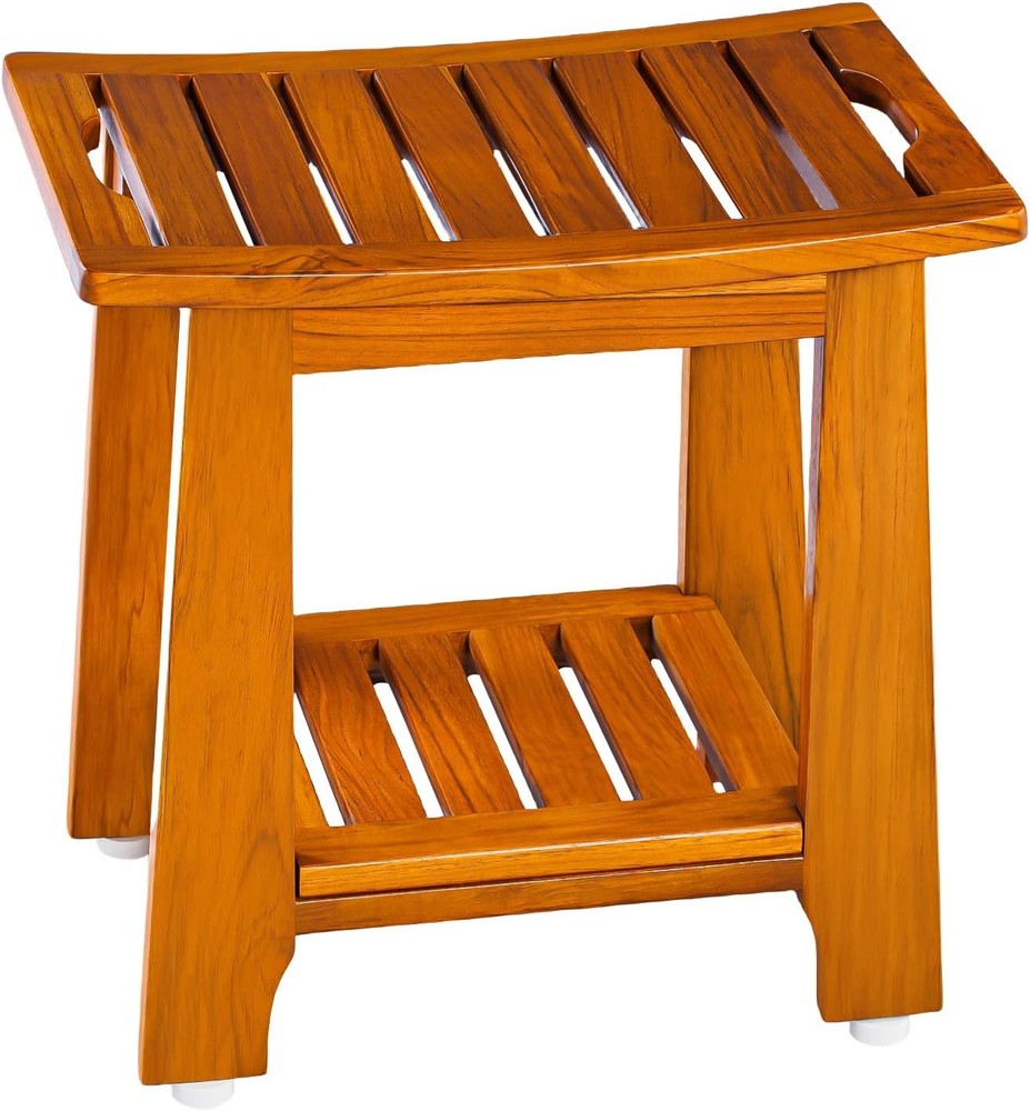 14″ Compact Teak Shower Stool with Shelf & Handle-Waterproof,Non-Slip Bath Bench