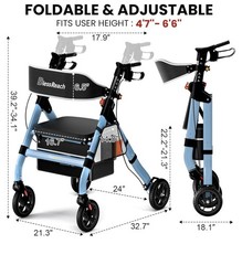 Blessreach Foldable Rollator Walker 450lb Capacity 8” Wheels