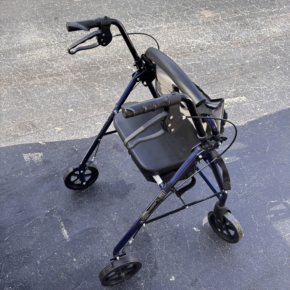 Probasics 4-Wheel Rollator Walker with Padded Seat, Backrest & Storage Bag Blue