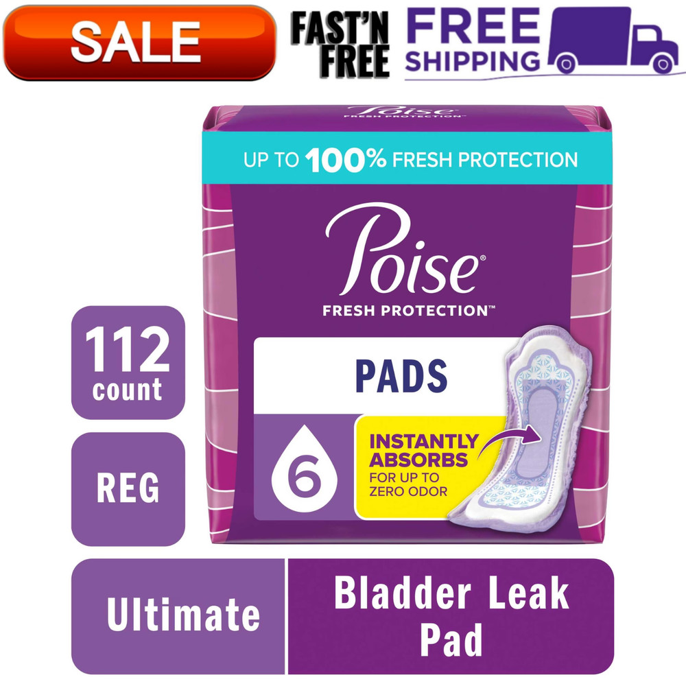 Poise Incontinence Pads for Women, 6 Drop Ultimate Absorbency, Regular, 112Count