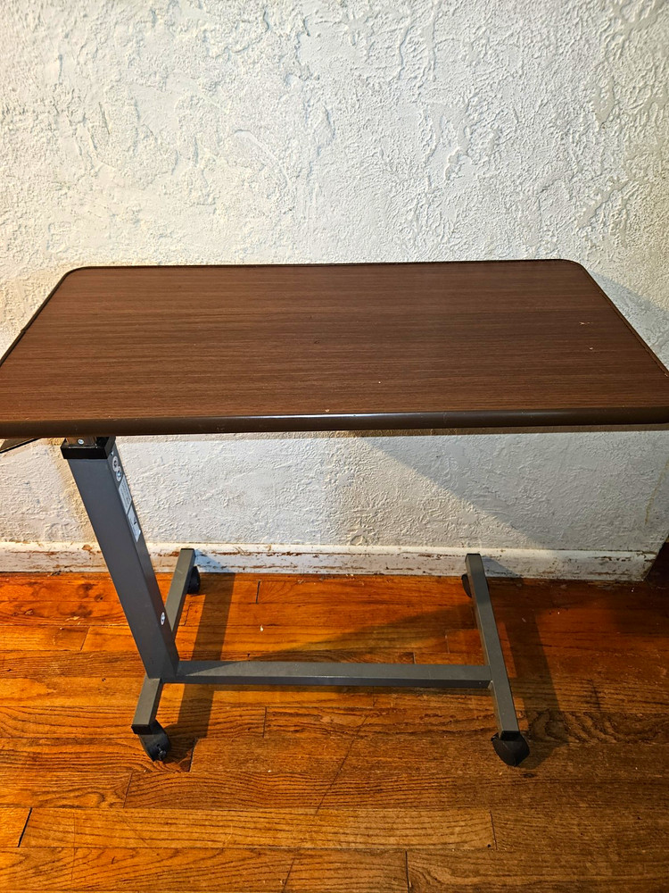 Vaunn Medical Adjustable Overbed Table w/ Wheels 45 lb Brown/Gray Rectangular