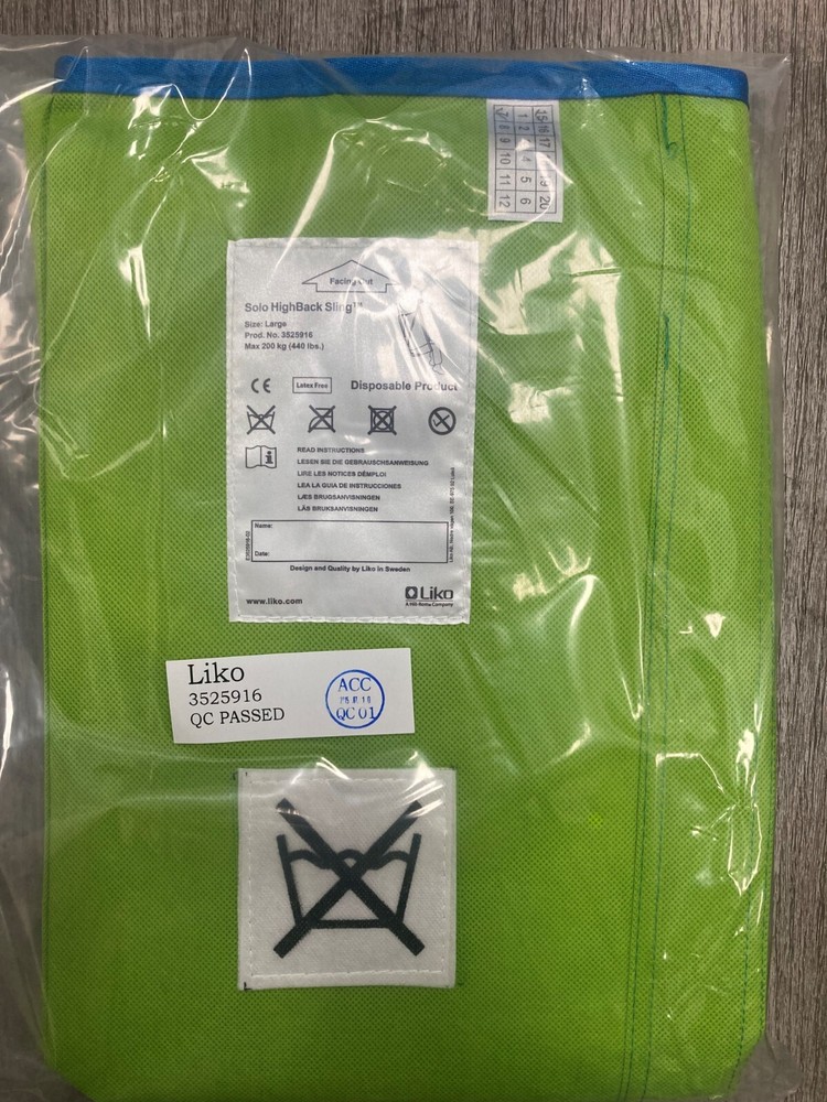 Solo by Liko HIGH BACK SLING, Large, 3525916, Max 440 lb Brand New