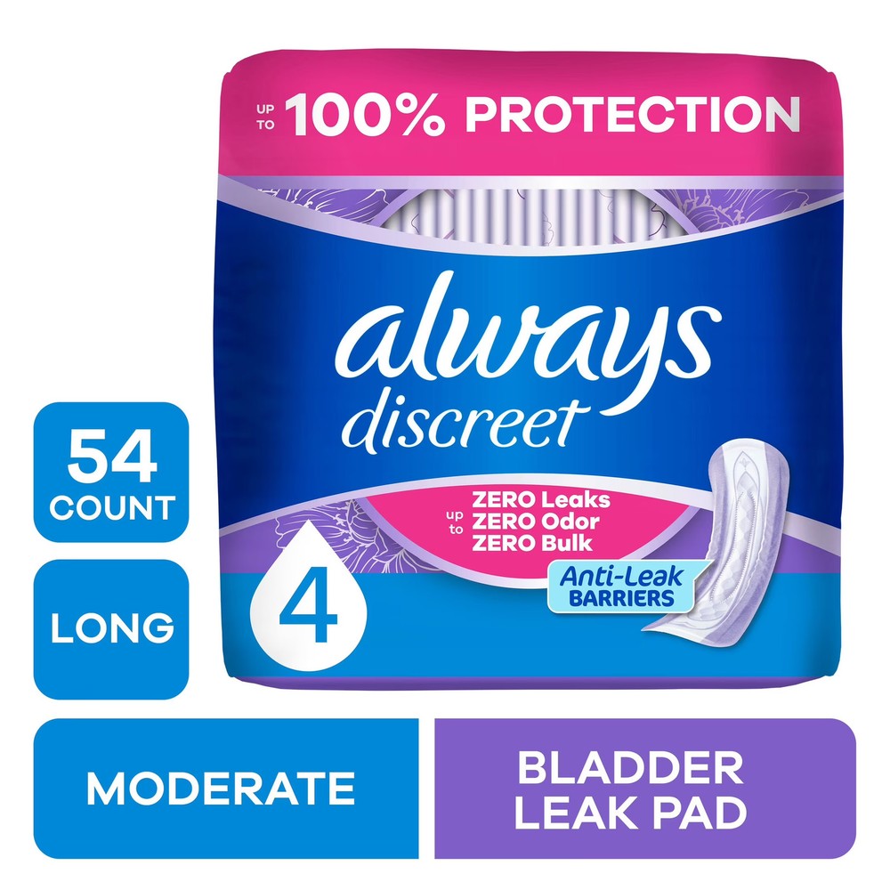 Incontinence Pads, Moderate Absorbency, Long 54 Count