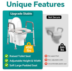 Soundfuse Raised Toilet Seat w/ Handles Adjustable 400lb Padded