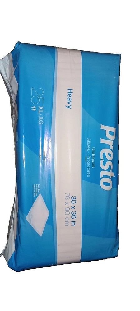 Presto Heavy Absorbency Underpads Disposable Absorbent Core 30×36 In, 25 Count