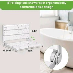 16″ Wall Mounted Shower Seat, White Teak Fold Down Bench for Elderly, Disabled