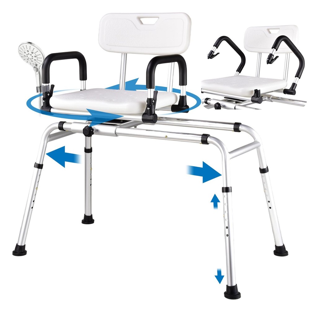 Sliding Tub Transfer Bench Shower Chair Swivel Seat & Backrest 220lbs