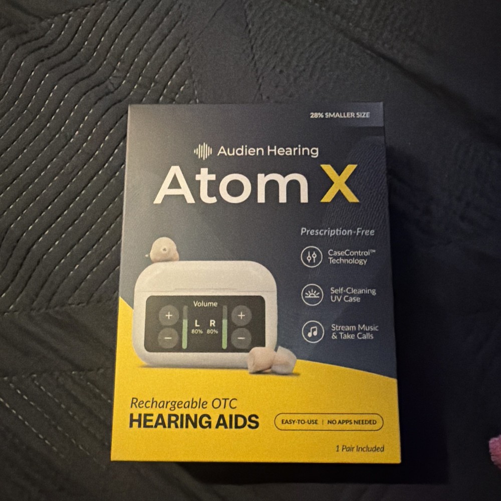 Audien Hearing Atom X Rechargeable Bluetooth ITE Hearing Aid w/ Touchscreen Case