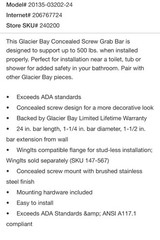 NEW Glacier Bay 24 in. x 1-1/4 in. Concealed Screw ADA Compliant Grab Bar