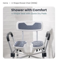 Shower Chair U-Shape Seat (450lb) Dark Blue Heavy Duty – Padded Armrests & Back