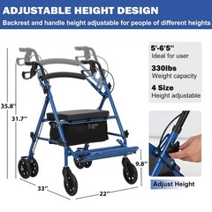 Rollator Walker 300 lbs. 31 to 35″ Handle Height 2 in 1 Walker Wheelchair Combo