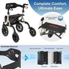 All-Terrain Rollator Walker with Seat, 12″ Rubber Wheels, Backrest, Cup Holder,