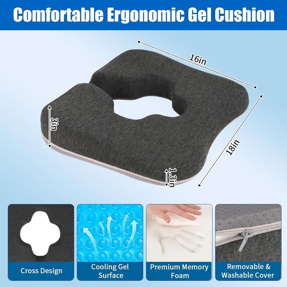 Gel Memory Foam Wheelchair Seat Cushion for Pressure Relief & Bed Sore Preventio