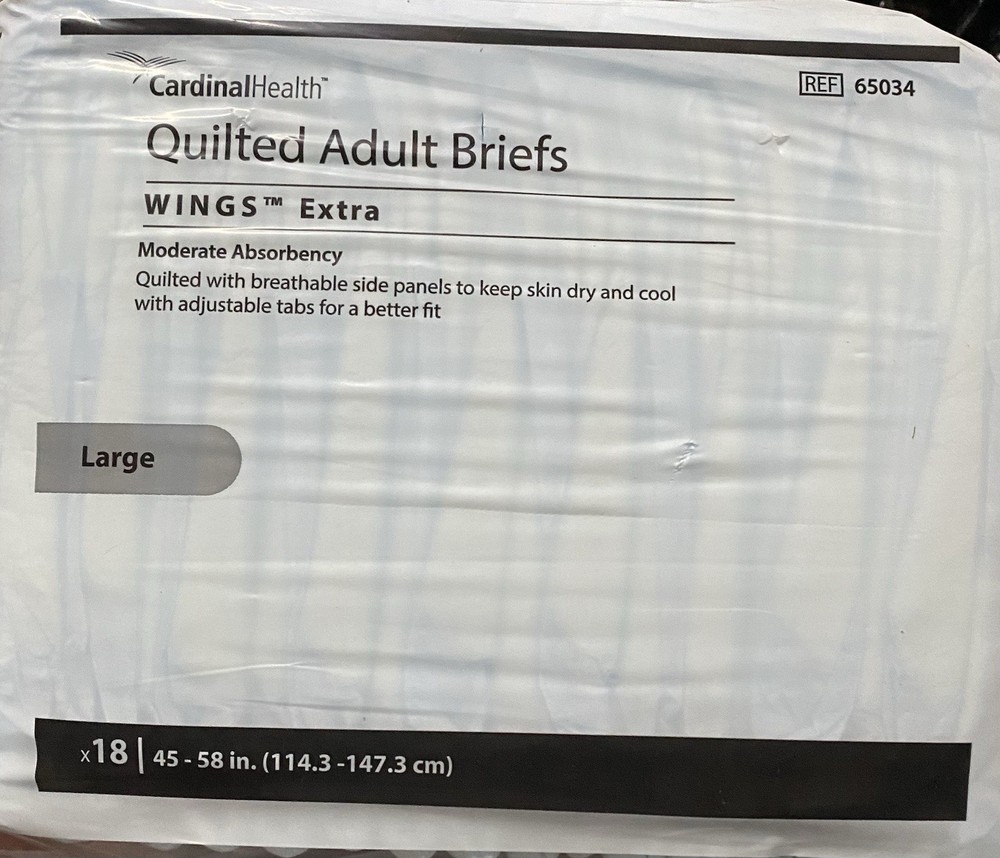 4 packs Cardinal Health Quilted Adult Briefs – Size L (18 pack )w/Wings 45-58 in