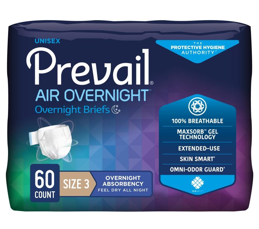 Prevail Air Overnight Adult Brief Unisex Size 3 5873″ Waist Heavy Absorb 60 Ct