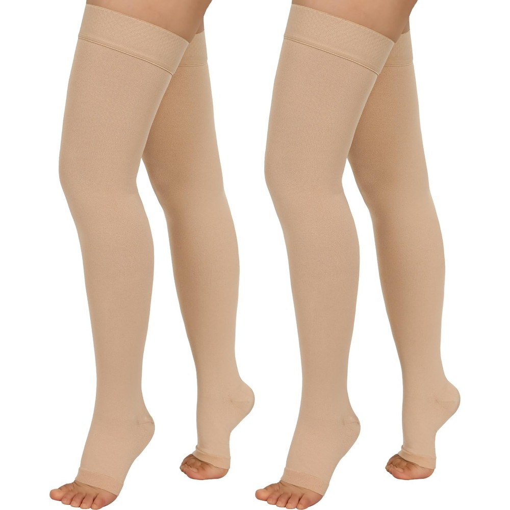 Totexil 2 Pairs Compression Stockings for Women & XX-Large, Open Toe–beige