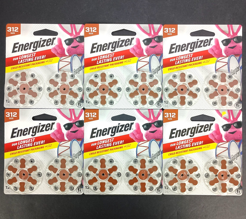 Six 12-packs ENERGIZER 312 1.45V Hearing Aid Battery Exp 12/2029 – 72 Batteries