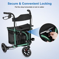 3-Wheel Rolling Walker 260lbs Folding Rollator Walker with 8in Wheels Seat Green