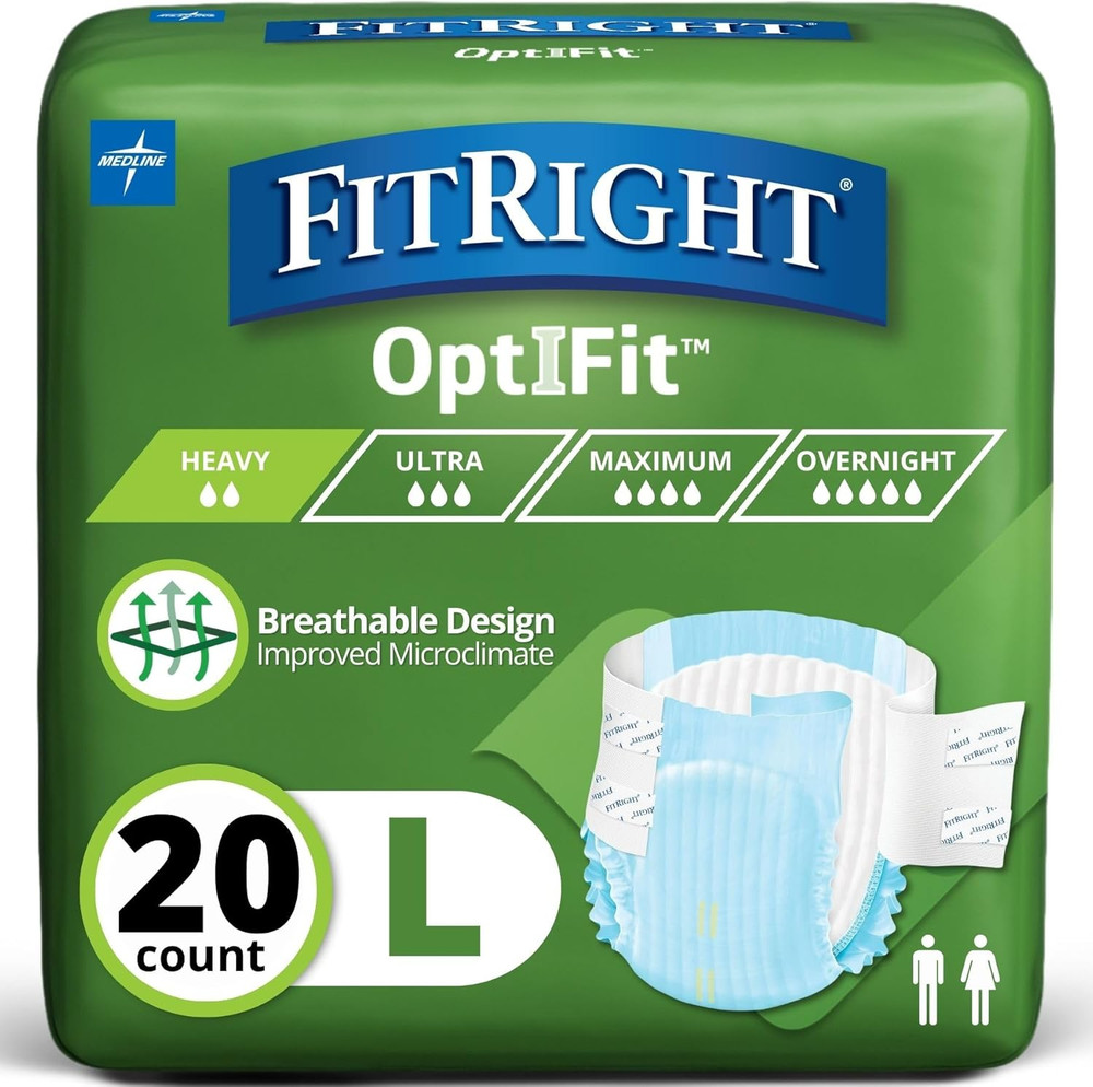 Adult Diapers, Extra Heavy Absorbency, L (Waist Size 44in-56in) 20 Count OptiFit